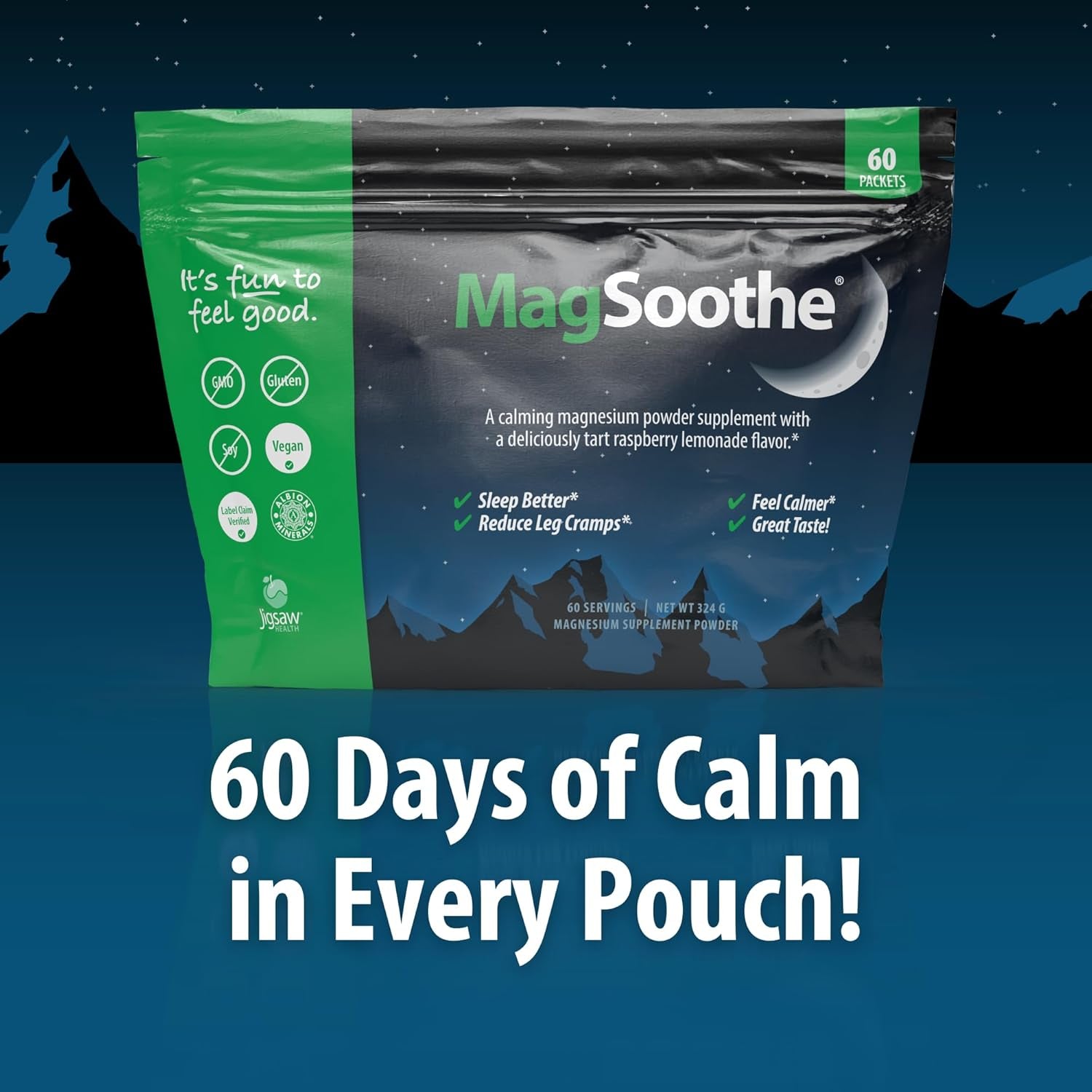 Magsoothe | Fast-Acting, Calming Magnesium Glycinate Powder Supplement | Raspberry Lemonade Flavor | 60 Servings (Packets)