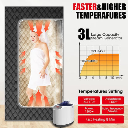 Portable Steam Sauna Box | Full Size Personal Steam Sauna with 1200W Steamer & 3L Tank, 15-Level Control, Cotton Thickened Tent for Home Spa Relaxation Indoor Use, 71"X35"X35", Black